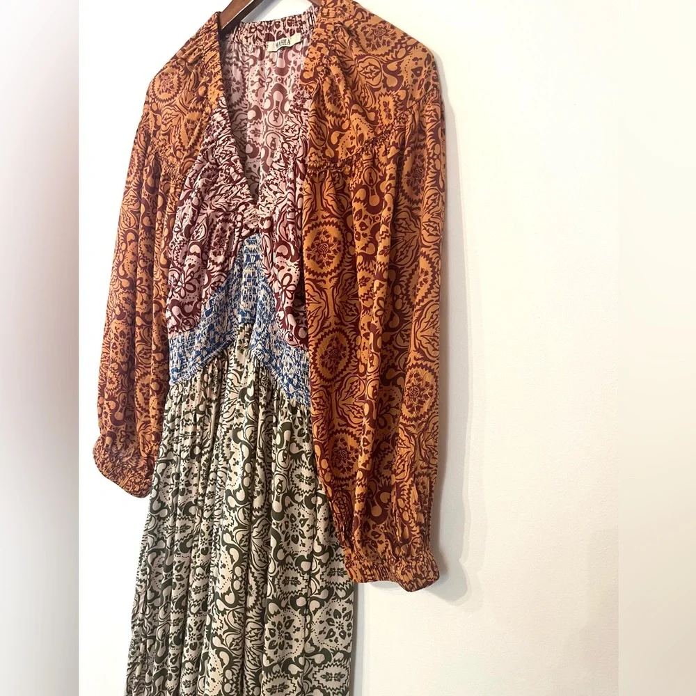 Mahila boho mixed print tiered maxi dress v-neck, smocking festival cottagecore - Picture 5 of 11